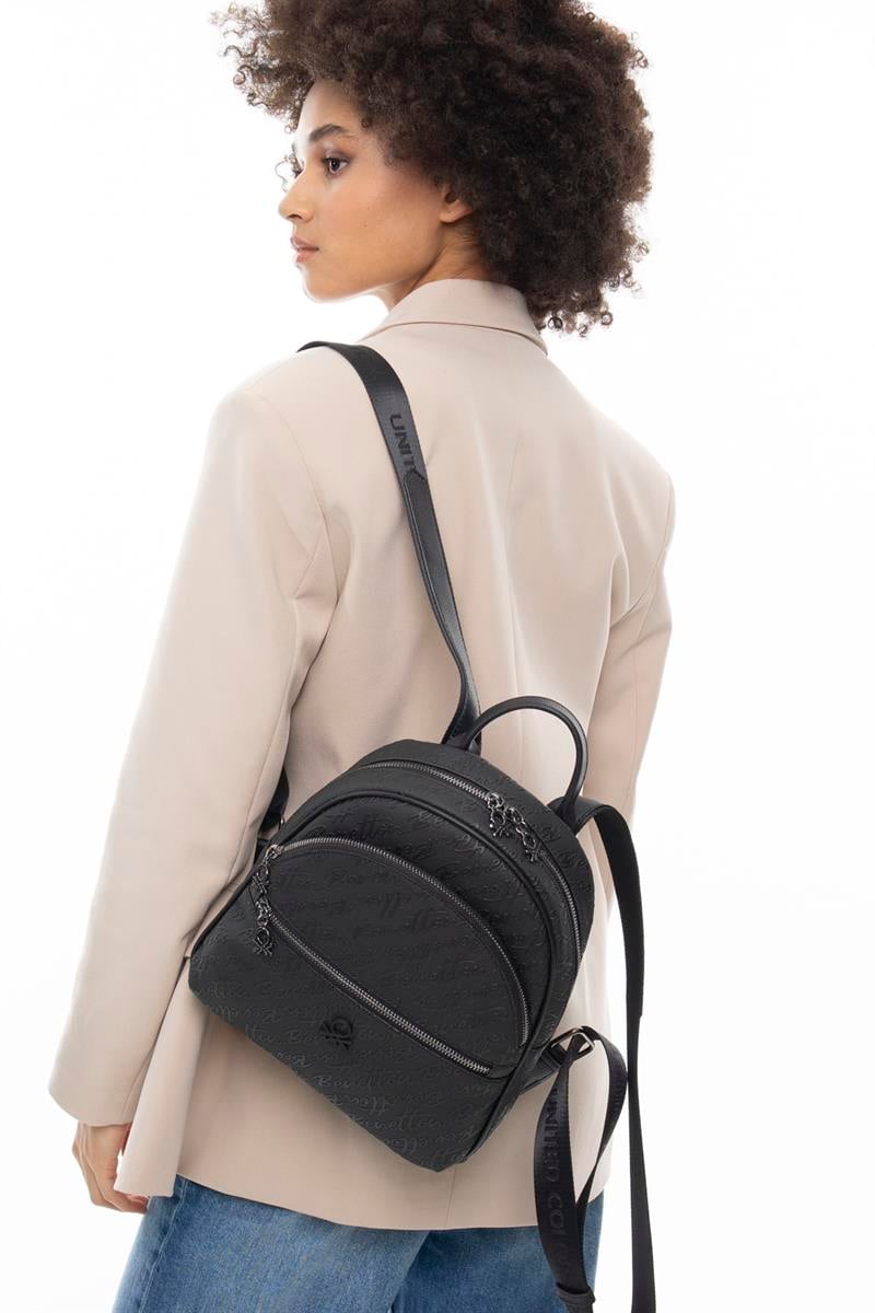 Benetton Monogram Baskılı Sırt Çantası Siyah