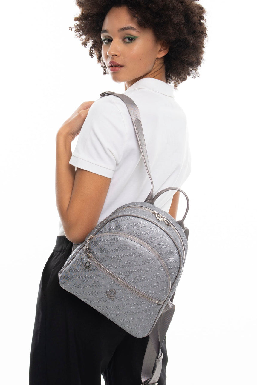 Benetton Monogram Baskılı Sırt Çantası Platin