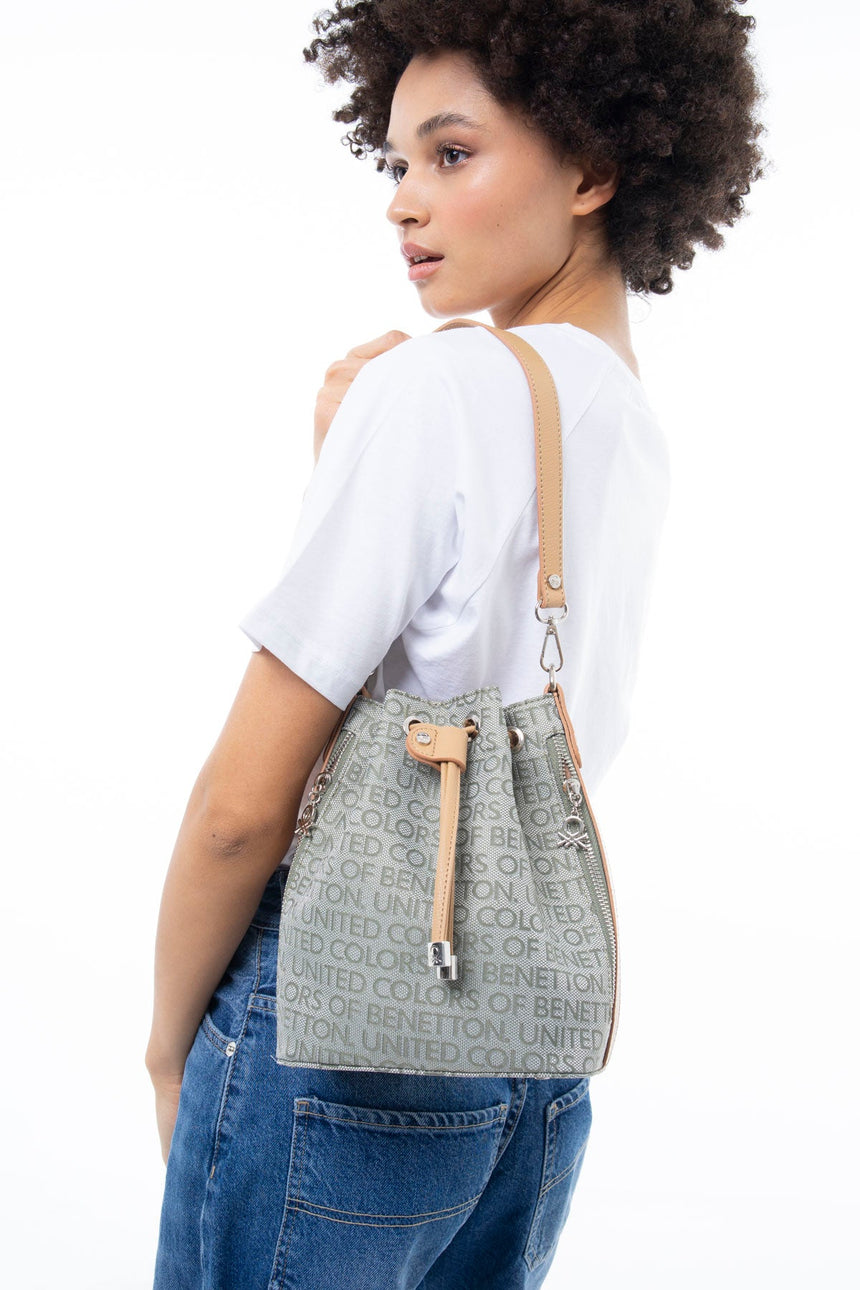 Benetton Büzgülü Omuz Çantası Yeşil - Açık Camel