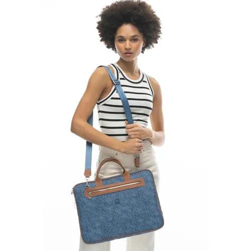 Benetton Monogram Baskılı Laptop Çantası Kot - Lacivert - Camel