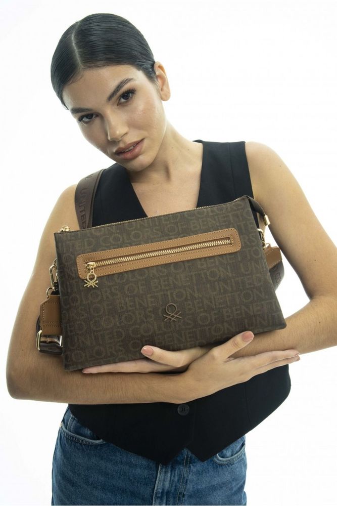 Benetton Fermuar Detaylı Çapraz Askılı Çanta Kahve