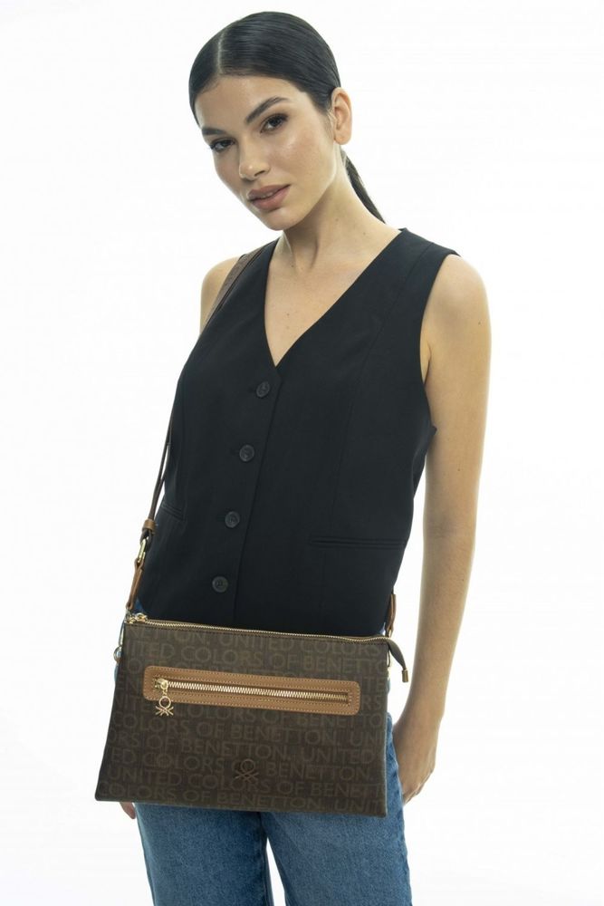 Benetton Fermuar Detaylı Çapraz Askılı Çanta Kahve