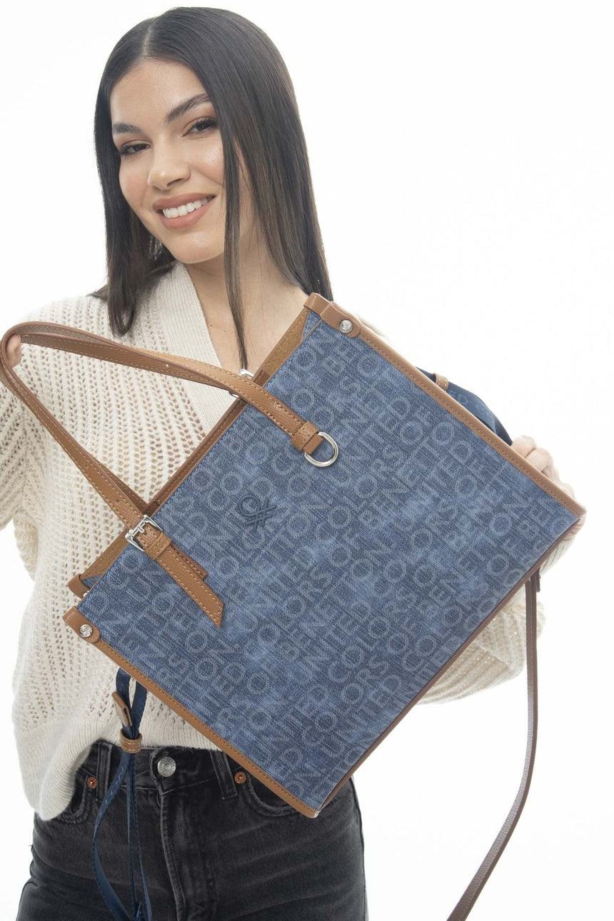 Benetton Monogram Baskılı Omuz Çantası Kot - Lacivert