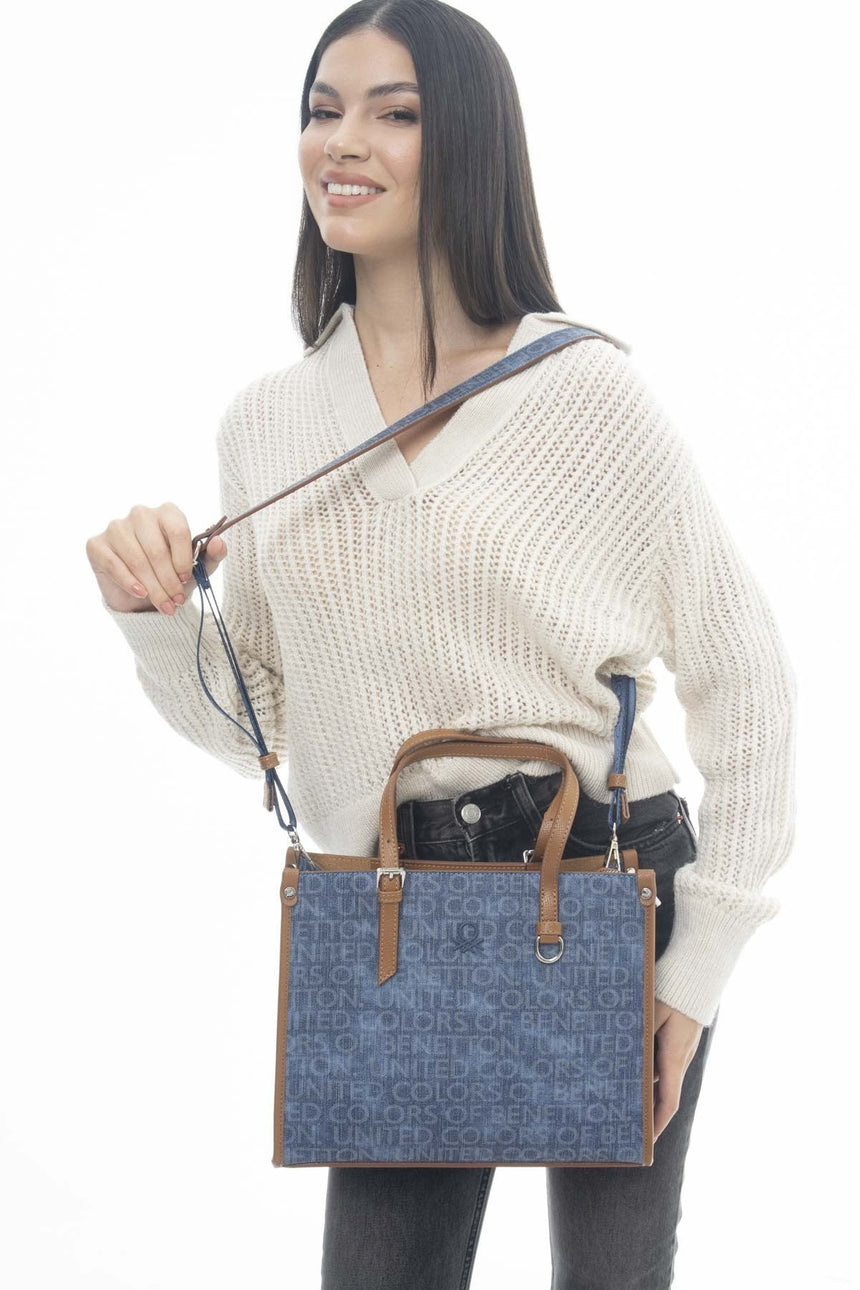 Benetton Monogram Baskılı Omuz Çantası Kot - Lacivert