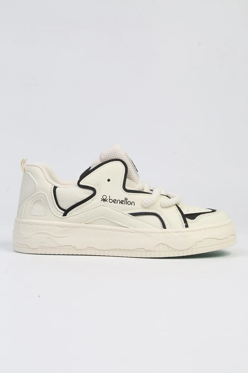 Benetton Çizgi Şerit Detaylı Sneakers Bej - Siyah