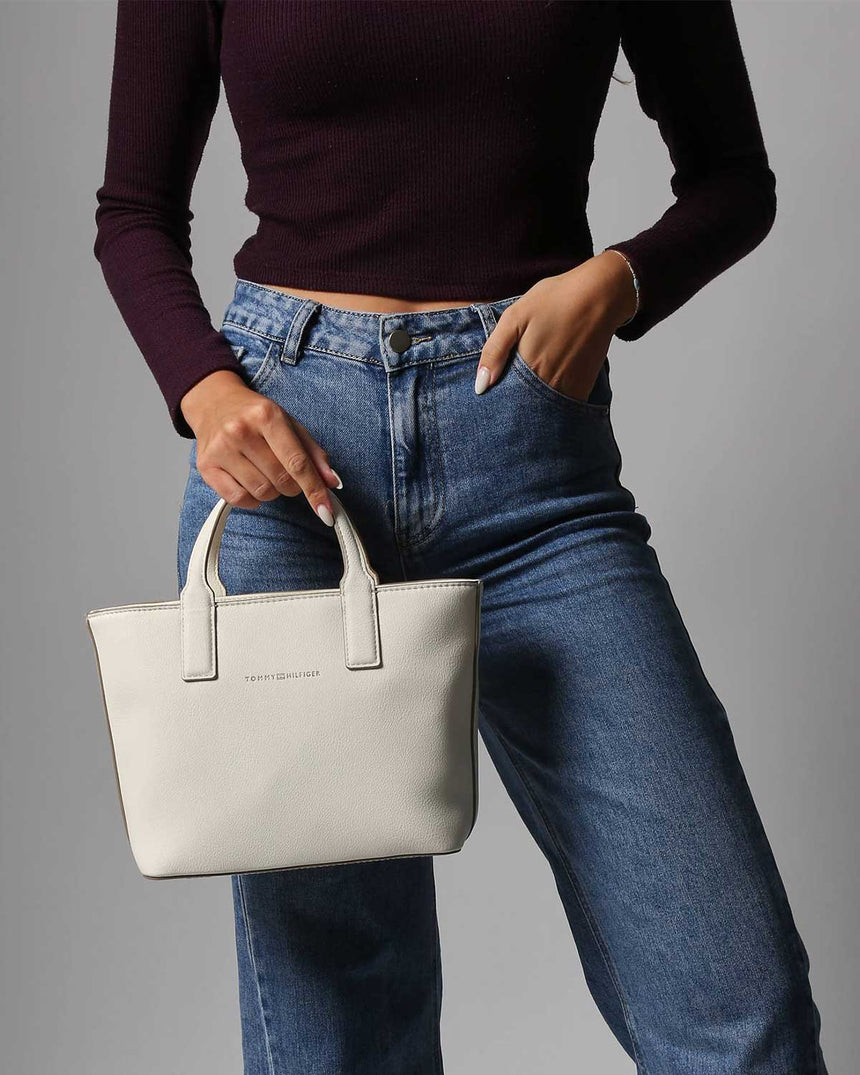 Tommy Hilfiger Logo Bantlı Mini Tote Kadın El Çantası Ivory Petal