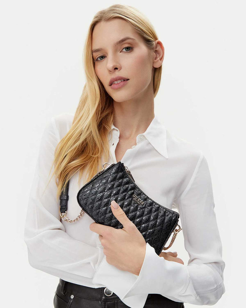 Guess Betula Zincir Detaylı Parlak Mini Çapraz Askılı Çanta Black