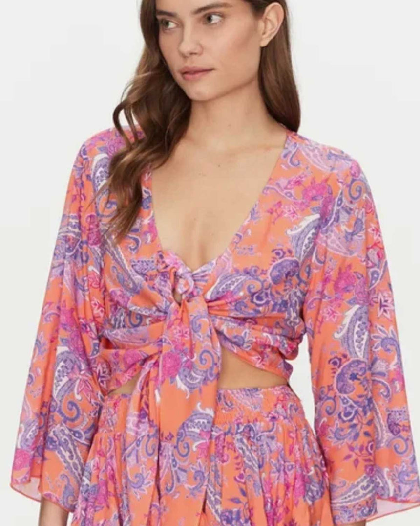Guess Knotted Crop Kimono Ethnic Paisley Peach