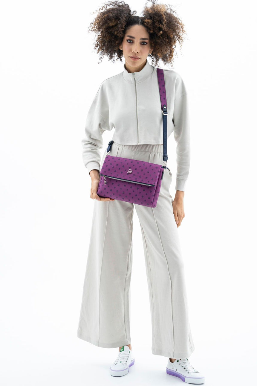 Benetton Kapaklı,Mini Logolu Çapraz Askılı Kadın Çantası Mürdüm - Lacivert