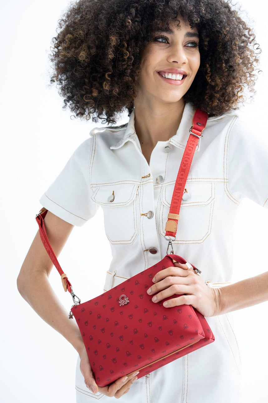 Benetton Mini Logo Baskılı Çapraz Askılı Kadın Çantası Kırmızı - Açık Camel