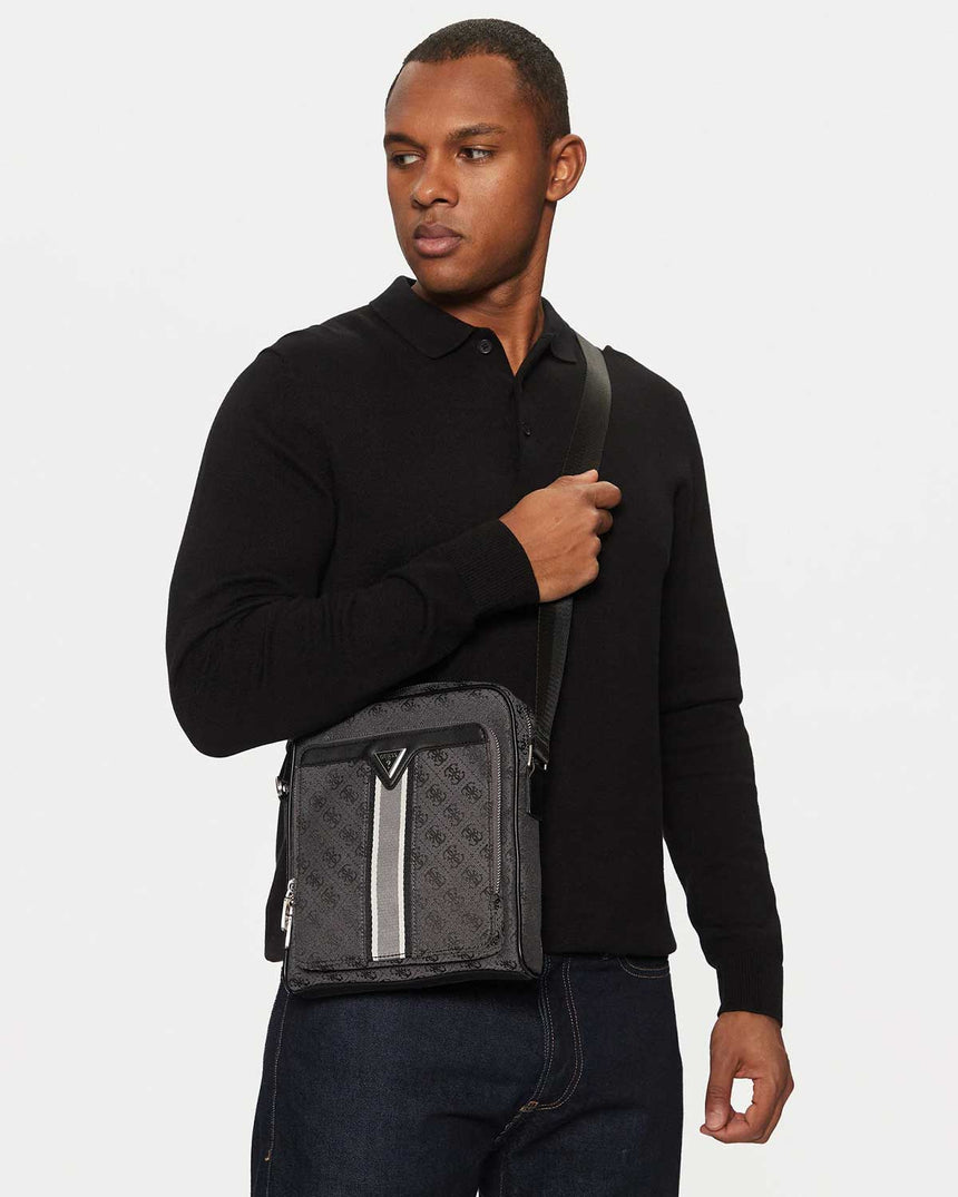 Guess Milano Compact Monogram Baskılı Çapraz Askılı Çanta Coal Black