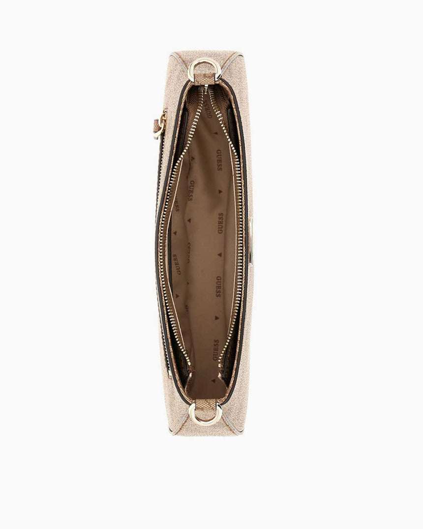 Guess Noelle Top Zip Shoulder Bag Kadın Omuz Çantası Latte Logo / Brown