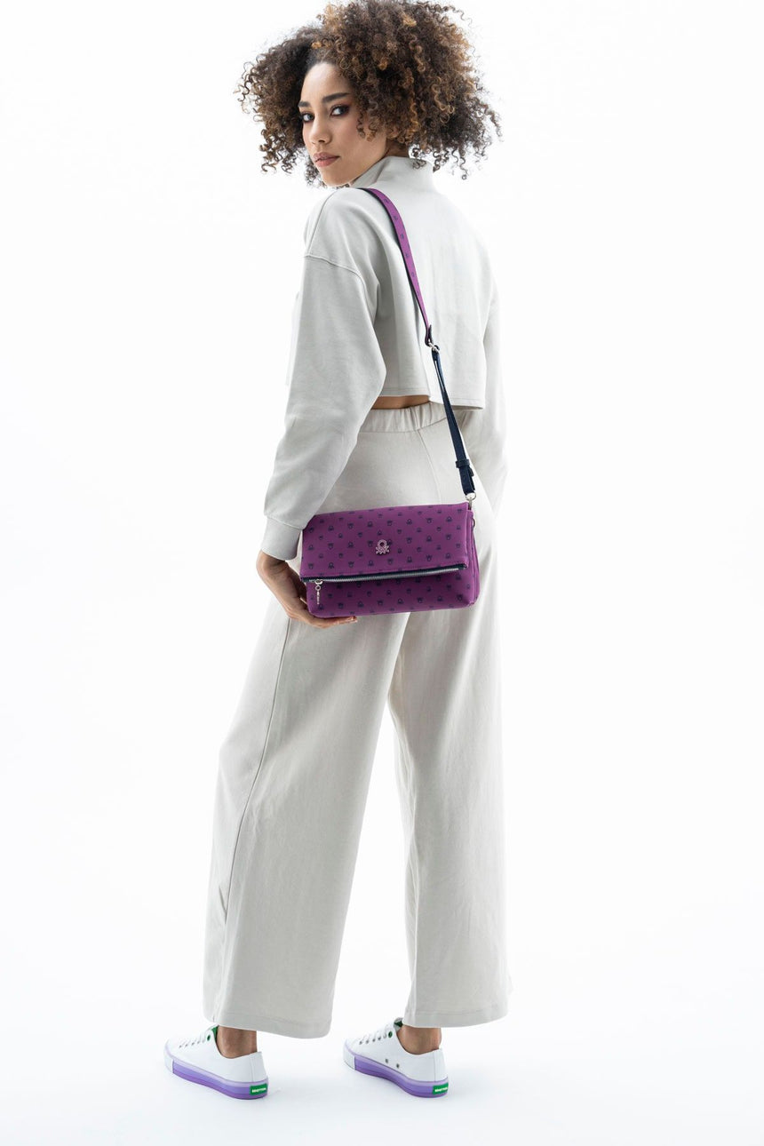 Benetton Logo Baskılı Çapraz Askılı Kadın Çantası Mürdüm - Lacivert