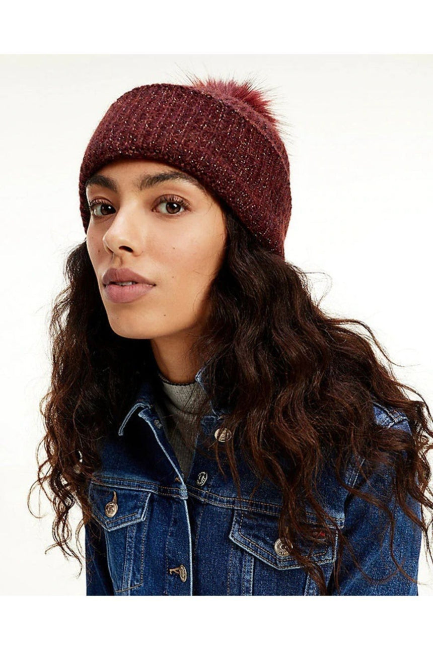 Tommy Hilfiger TH Effortless Beanie Pom Pom Kadın Bere Deep Rouge