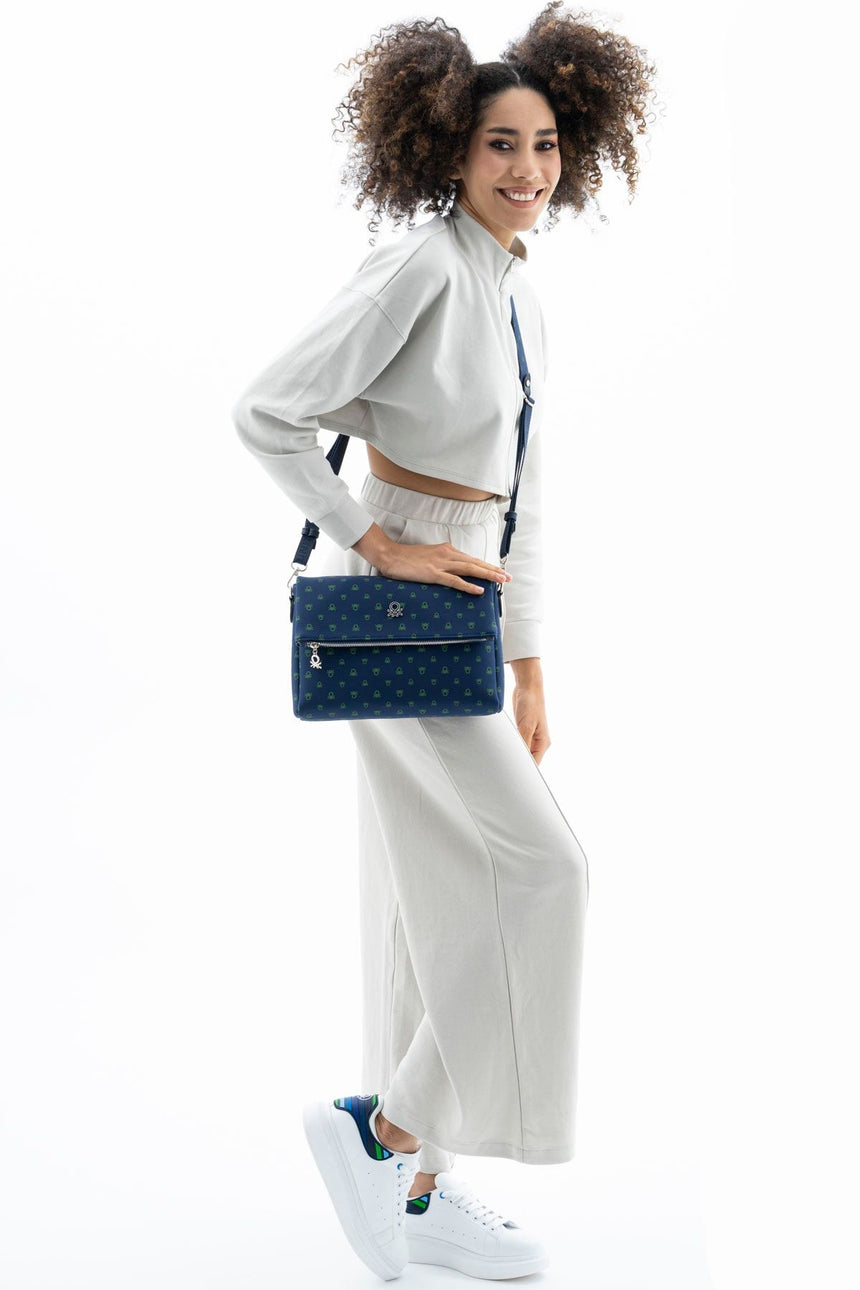 Benetton Kapaklı,Mini Logolu Çapraz Askılı Kadın Çantası Lacivert