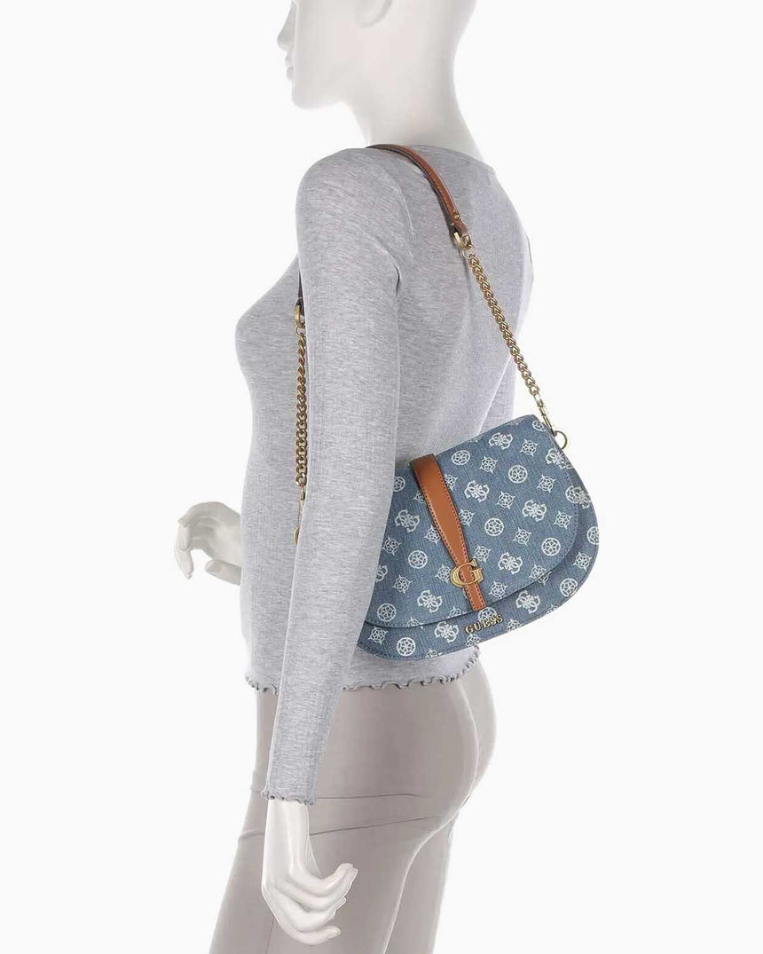 Guess Kuba Top Zip Shoulder Bag Omuz Çantası Denim Logo