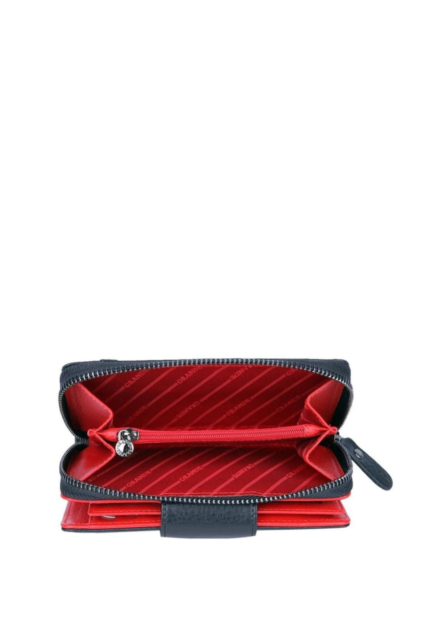 Grande 2 Küçük - 1 Büyük Şeffaf Bölmeli Kadın El Portföyü Siyah - Kırmızı