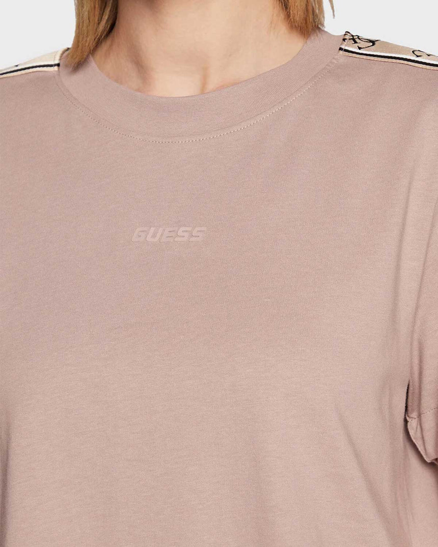 Guess Logo Şeritli Bisiktlet Yaka Tshirt Posh Taupe