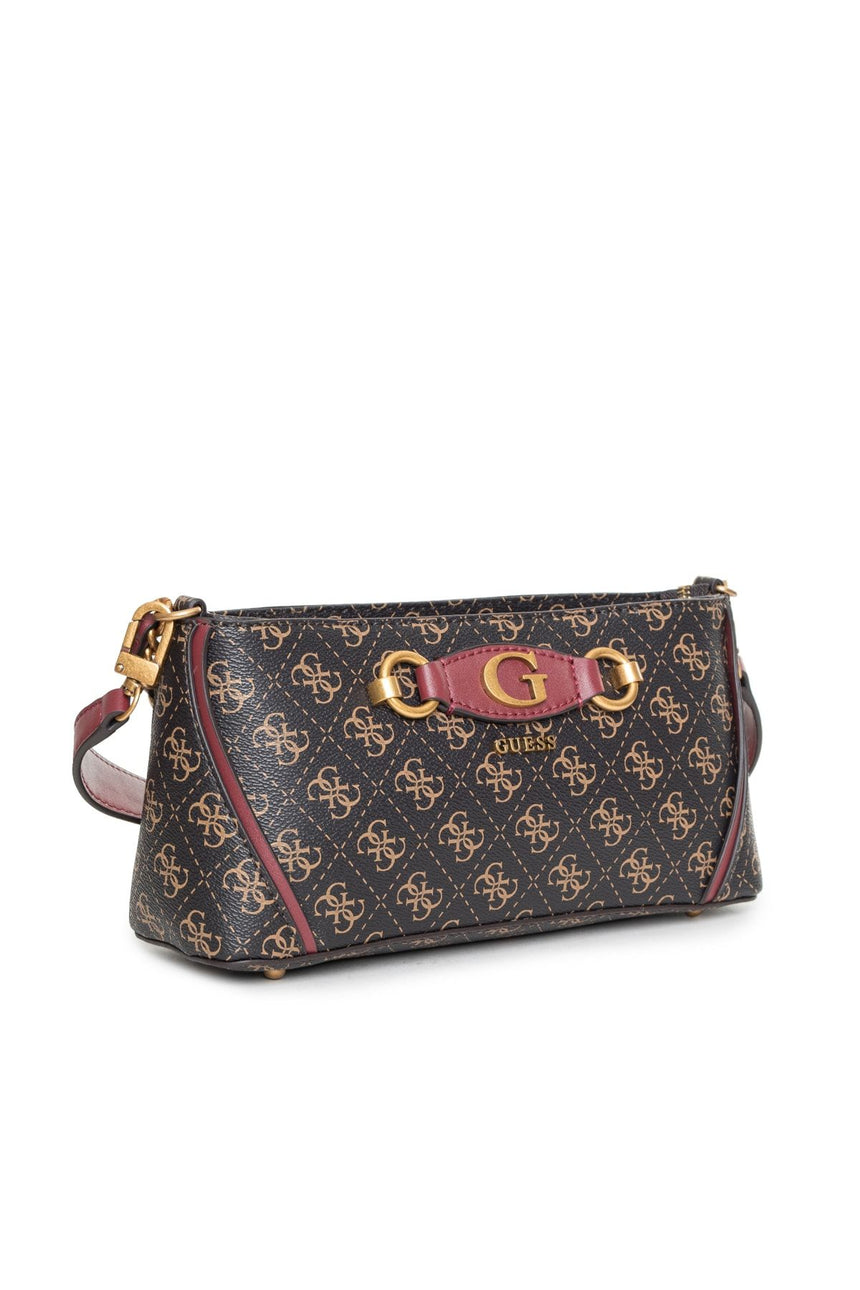 Guess Izzy Top Zip Shoulder Bag Brown / Cherry